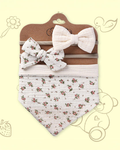 Polka Tots Baby Girl Floral Headband & Bib Set-Adjustable Elastic & Super Absorbent-White-Pack of 3-For Infants