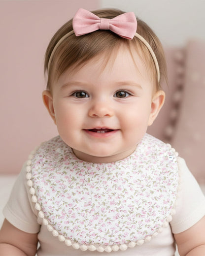 Polka Tots Floral Bow Headband & Bib Set-Adjustable Elastic & Super Absorbent-White-Pack of 3-For Infants