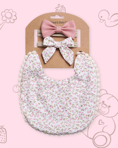 Polka Tots Floral Bow Headband & Bib Set-Adjustable Elastic & Super Absorbent-White-Pack of 3-For Infants