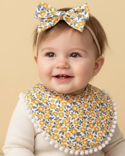 Polka Tots Floral Bow Headband & Bib Set-Adjustable Elastic & Super Absorbent-Yellow-Pack of 3-For Infants