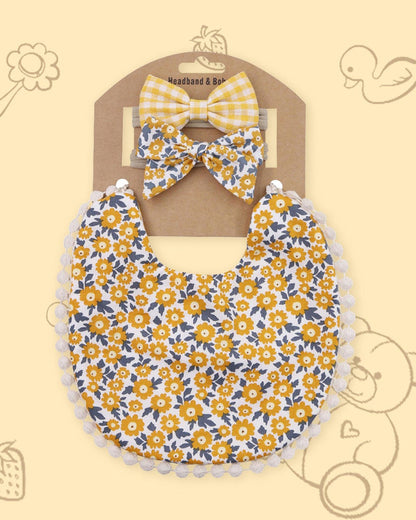 Polka Tots Floral Bow Headband & Bib Set-Adjustable Elastic & Super Absorbent-Yellow-Pack of 3-For Infants