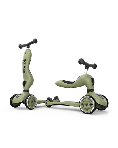 Scoot and Ride Highkick 1 Scooter-Easily Converts from Seat Scooter into Kickboard-Weight Shift Steering-Height Adjustable Seat & Handle-From 1 to 5Y (Upto 50 kg)-Olive