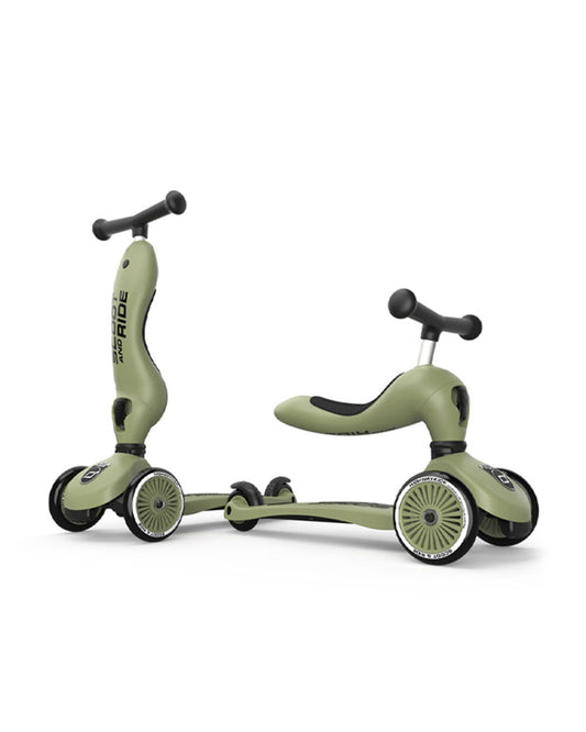 Scoot and Ride Highkick 1 Scooter-Easily Converts from Seat Scooter into Kickboard-Weight Shift Steering-Height Adjustable Seat & Handle-From 1 to 5Y (Upto 50 kg)-Olive
