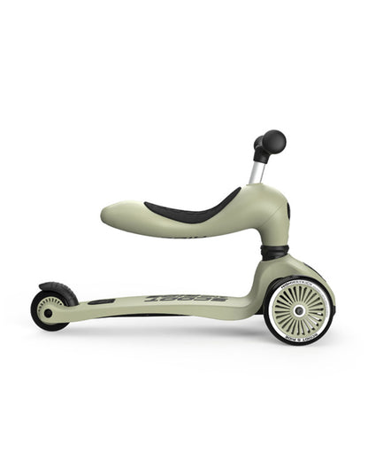 Scoot and Ride Highkick 1 Scooter-Easily Converts from Seat Scooter into Kickboard-Weight Shift Steering-Height Adjustable Seat & Handle-From 1 to 5Y (Upto 50 kg)-Olive