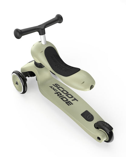 Scoot and Ride Highkick 1 Scooter-Easily Converts from Seat Scooter into Kickboard-Weight Shift Steering-Height Adjustable Seat & Handle-From 1 to 5Y (Upto 50 kg)-Olive