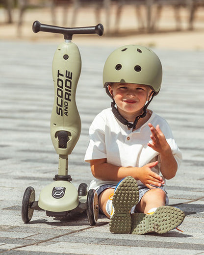Scoot and Ride Highkick 1 Scooter-Easily Converts from Seat Scooter into Kickboard-Weight Shift Steering-Height Adjustable Seat & Handle-From 1 to 5Y (Upto 50 kg)-Olive