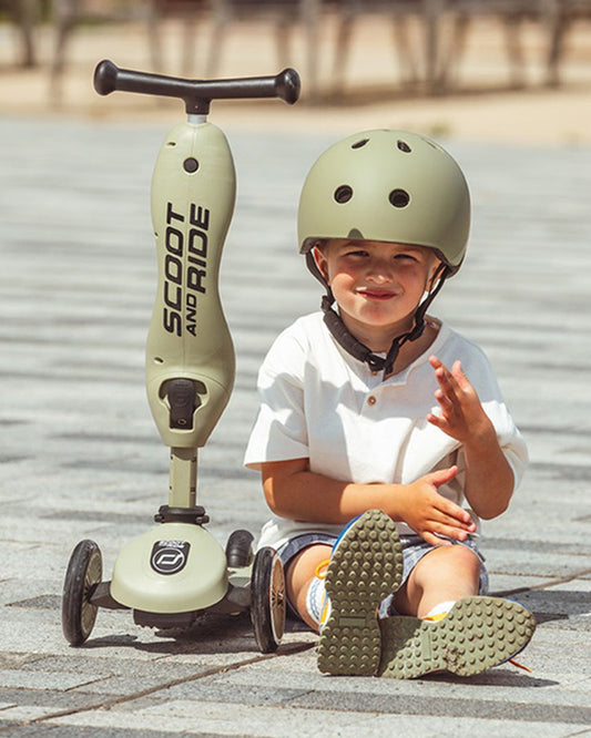 Scoot and Ride Highkick 1 Scooter-Easily Converts from Seat Scooter into Kickboard-Weight Shift Steering-Height Adjustable Seat & Handle-From 1 to 5Y (Upto 50 kg)-Olive