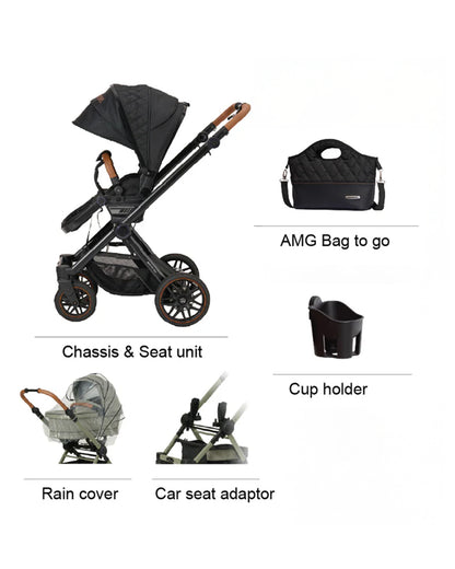 Mercedes AMG GT2 Stroller-With Integrated Handbrake-Height Adjustable Parent Handle Bar-Reversible & Flat Reclining Seat-Includes Organiser, Rain Cover, Car Seat Adapters & Cup Holder-2 Years Warranty-For 0 to 4Y (Upto 22 kg)-Sienabraun