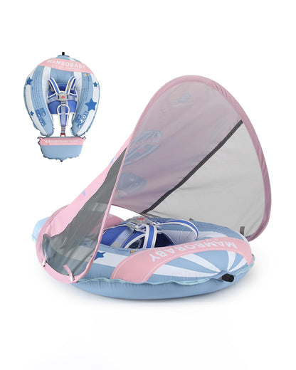 Mambobaby Chest Float Swimming Tube-Self Inflating Design with 5 Point Safety Harness & 3 Swim Modes, UPF 50+ Canopy Protection & Detachable Footrest-Upto 18 kg Baby Weight-Hot Air Balloon-Blue