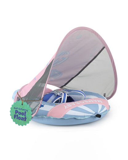 Mambobaby Chest Float Swimming Tube-Self Inflating Design with 5 Point Safety Harness & 3 Swim Modes, UPF 50+ Canopy Protection & Detachable Footrest-Upto 18 kg Baby Weight-Hot Air Balloon-Blue
