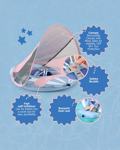 Mambobaby Chest Float Swimming Tube-Self Inflating Design with 5 Point Safety Harness & 3 Swim Modes, UPF 50+ Canopy Protection & Detachable Footrest-Upto 18 kg Baby Weight-Hot Air Balloon-Blue
