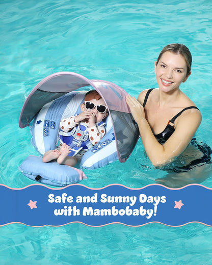 Mambobaby Chest Float Swimming Tube-Self Inflating Design with 5 Point Safety Harness & 3 Swim Modes, UPF 50+ Canopy Protection & Detachable Footrest-Upto 18 kg Baby Weight-Hot Air Balloon-Blue