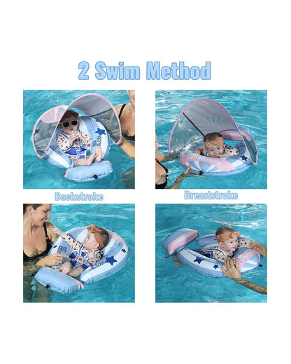 Mambobaby Chest Float Swimming Tube-Self Inflating Design with 5 Point Safety Harness & 3 Swim Modes, UPF 50+ Canopy Protection & Detachable Footrest-Upto 18 kg Baby Weight-Hot Air Balloon-Blue