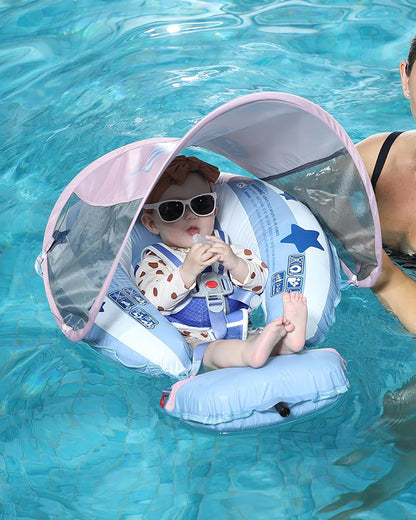Mambobaby Chest Float Swimming Tube-Self Inflating Design with 5 Point Safety Harness & 3 Swim Modes, UPF 50+ Canopy Protection & Detachable Footrest-Upto 18 kg Baby Weight-Hot Air Balloon-Blue