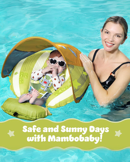 Mambobaby Chest Float Swimming Tube-Self Inflating Design with 5 Point Safety Harness & 3 Swim Modes, UPF 50+ Canopy Protection & Detachable Footrest-Upto 18 kg Baby Weight-Hot Air Balloon-Green