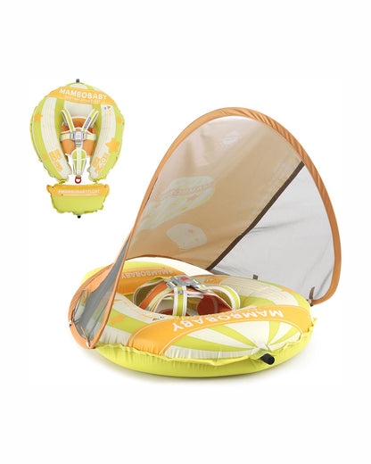 Mambobaby Chest Float Swimming Tube-Self Inflating Design with 5 Point Safety Harness & 3 Swim Modes, UPF 50+ Canopy Protection & Detachable Footrest-Upto 18 kg Baby Weight-Hot Air Balloon-Green