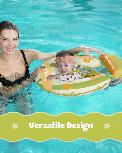 Mambobaby Chest Float Swimming Tube-Self Inflating Design with 5 Point Safety Harness & 3 Swim Modes, UPF 50+ Canopy Protection & Detachable Footrest-Upto 18 kg Baby Weight-Hot Air Balloon-Green