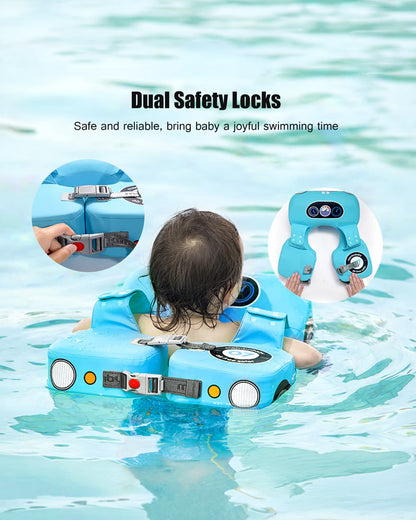 Mambobaby Swimming Waist Float-Air Free Foam Design with Double Buckles & Shoulder Straps-Car-Blue
