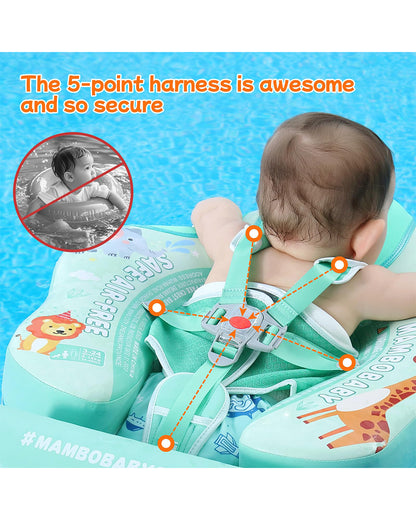 Mambobaby Chest Float Swimming Tube-Air Free Foam Design with 5 Point Safety Harness & 3 Swim Modes, UPF 50+ Detachable 3D Canopy-Upto 18 kg Baby Weight-Zoo-Green