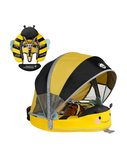 Mambobaby Chest Float Swimming Tube-Air Free Foam Design with 5 Point Safety Harness & 3 Swim Modes, UPF 50+ Detachable 3D Canopy-Upto 18 kg Baby Weight-Bee-Yellow