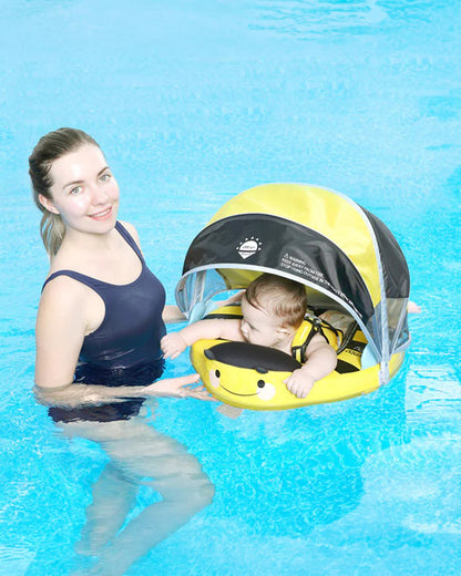 Mambobaby Chest Float Swimming Tube-Air Free Foam Design with 5 Point Safety Harness & 3 Swim Modes, UPF 50+ Detachable 3D Canopy-Upto 18 kg Baby Weight-Bee-Yellow