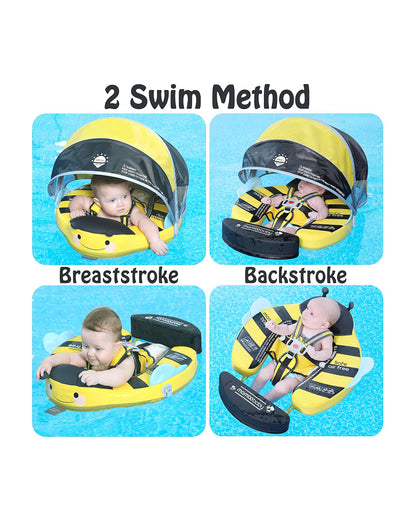 Mambobaby Chest Float Swimming Tube-Air Free Foam Design with 5 Point Safety Harness & 3 Swim Modes, UPF 50+ Detachable 3D Canopy-Upto 18 kg Baby Weight-Bee-Yellow