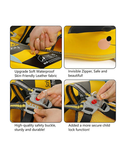 Mambobaby Chest Float Swimming Tube-Air Free Foam Design with 5 Point Safety Harness & 3 Swim Modes, UPF 50+ Detachable 3D Canopy-Upto 18 kg Baby Weight-Bee-Yellow