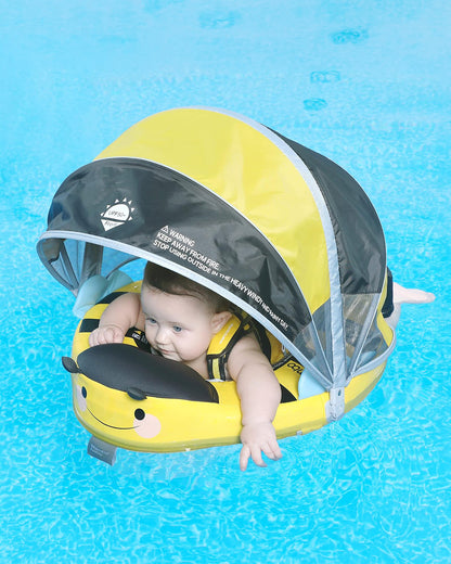 Mambobaby Chest Float Swimming Tube-Air Free Foam Design with 5 Point Safety Harness & 3 Swim Modes, UPF 50+ Detachable 3D Canopy-Upto 18 kg Baby Weight-Bee-Yellow