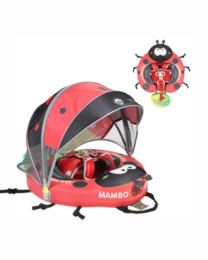 Mambobaby Chest Float Swimming Tube-Air Free Foam Design with 5 Point Safety Harness & 3 Swim Modes, UPF 50+ Detachable 3D Canopy-Upto 18 kg Baby Weight-Crimson-Ladybug-Red