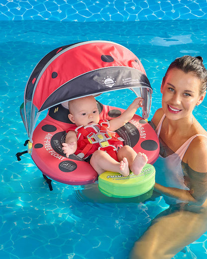 Mambobaby Chest Float Swimming Tube-Air Free Foam Design with 5 Point Safety Harness & 3 Swim Modes, UPF 50+ Detachable 3D Canopy-Upto 18 kg Baby Weight-Crimson-Ladybug-Red