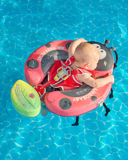 Mambobaby Chest Float Swimming Tube-Air Free Foam Design with 5 Point Safety Harness & 3 Swim Modes, UPF 50+ Detachable 3D Canopy-Upto 18 kg Baby Weight-Crimson-Ladybug-Red
