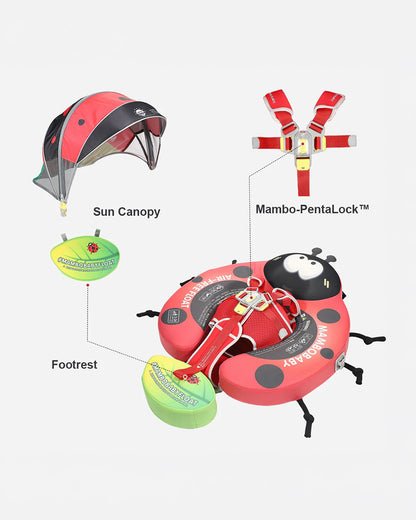 Mambobaby Chest Float Swimming Tube-Air Free Foam Design with 5 Point Safety Harness & 3 Swim Modes, UPF 50+ Detachable 3D Canopy-Upto 18 kg Baby Weight-Crimson-Ladybug-Red