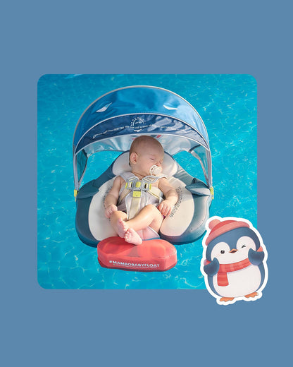 Mambobaby Chest Float Swimming Tube-Air Free Foam Design with 5 Point Safety Harness & 3 Swim Modes, UPF 50+ Detachable 3D Canopy-Upto 18 kg Baby Weight-Penguin Pup-Blue