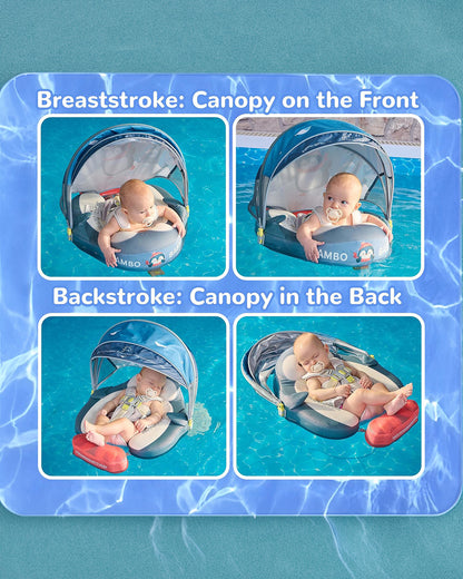Mambobaby Chest Float Swimming Tube-Air Free Foam Design with 5 Point Safety Harness & 3 Swim Modes, UPF 50+ Detachable 3D Canopy-Upto 18 kg Baby Weight-Penguin Pup-Blue