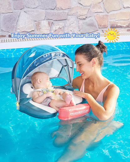 Mambobaby Chest Float Swimming Tube-Air Free Foam Design with 5 Point Safety Harness & 3 Swim Modes, UPF 50+ Detachable 3D Canopy-Upto 18 kg Baby Weight-Penguin Pup-Blue