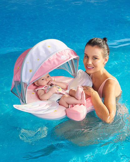 Mambobaby Chest Float Swimming Tube-Air Free Foam Design with 5 Point Safety Harness & 3 Swim Modes, UPF 50+ Detachable 3D Canopy-Upto 18 kg Baby Weight-Swanny-Pink