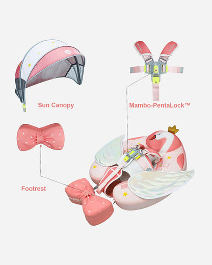 Mambobaby Chest Float Swimming Tube-Air Free Foam Design with 5 Point Safety Harness & 3 Swim Modes, UPF 50+ Detachable 3D Canopy-Upto 18 kg Baby Weight-Swanny-Pink