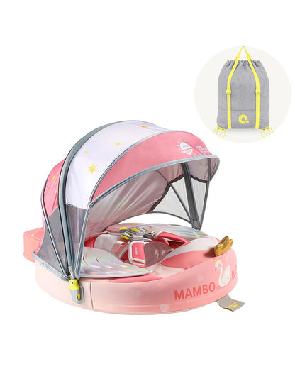 Mambobaby Chest Float Swimming Tube-Air Free Foam Design with 5 Point Safety Harness & 3 Swim Modes, UPF 50+ Detachable 3D Canopy-Upto 18 kg Baby Weight-Swanny-Pink