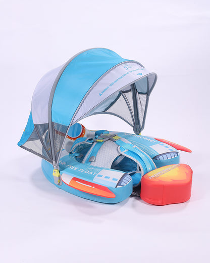 Mambobaby Chest Float Swimming Tube-Air Free Foam Design with 5 Point Safety Harness & 3 Swim Modes, UPF 50+ Detachable 3D Canopy-Upto 18 kg Baby Weight-Rocketship-Blue