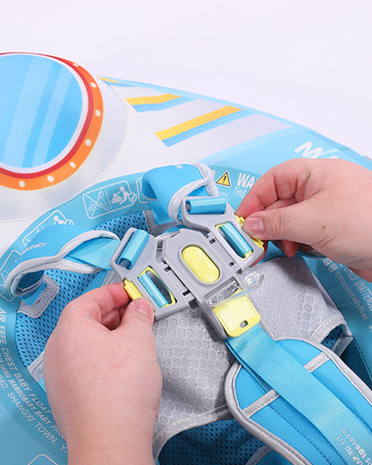 Mambobaby Chest Float Swimming Tube-Air Free Foam Design with 5 Point Safety Harness & 3 Swim Modes, UPF 50+ Detachable 3D Canopy-Upto 18 kg Baby Weight-Rocketship-Blue