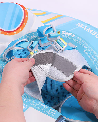 Mambobaby Chest Float Swimming Tube-Air Free Foam Design with 5 Point Safety Harness & 3 Swim Modes, UPF 50+ Detachable 3D Canopy-Upto 18 kg Baby Weight-Rocketship-Blue