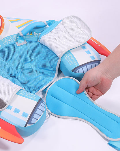 Mambobaby Chest Float Swimming Tube-Air Free Foam Design with 5 Point Safety Harness & 3 Swim Modes, UPF 50+ Detachable 3D Canopy-Upto 18 kg Baby Weight-Rocketship-Blue