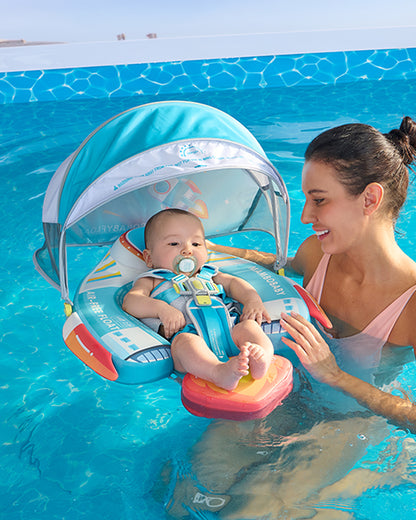 Mambobaby Chest Float Swimming Tube-Air Free Foam Design with 5 Point Safety Harness & 3 Swim Modes, UPF 50+ Detachable 3D Canopy-Upto 18 kg Baby Weight-Rocketship-Blue