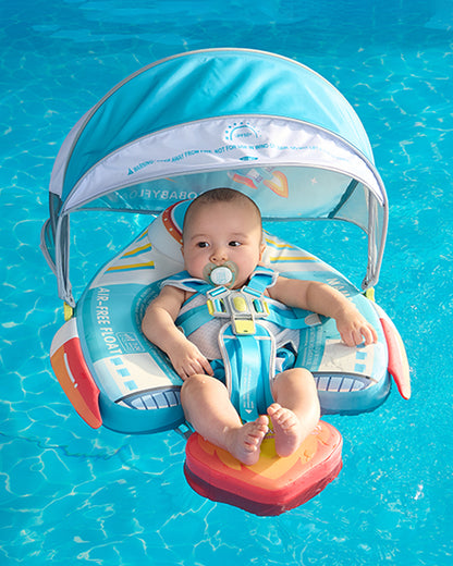Mambobaby Chest Float Swimming Tube-Air Free Foam Design with 5 Point Safety Harness & 3 Swim Modes, UPF 50+ Detachable 3D Canopy-Upto 18 kg Baby Weight-Rocketship-Blue