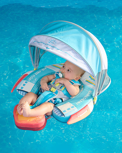 Mambobaby Chest Float Swimming Tube-Air Free Foam Design with 5 Point Safety Harness & 3 Swim Modes, UPF 50+ Detachable 3D Canopy-Upto 18 kg Baby Weight-Rocketship-Blue