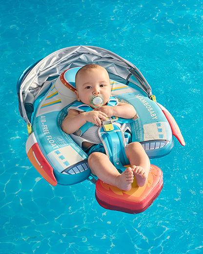Mambobaby Chest Float Swimming Tube-Air Free Foam Design with 5 Point Safety Harness & 3 Swim Modes, UPF 50+ Detachable 3D Canopy-Upto 18 kg Baby Weight-Rocketship-Blue