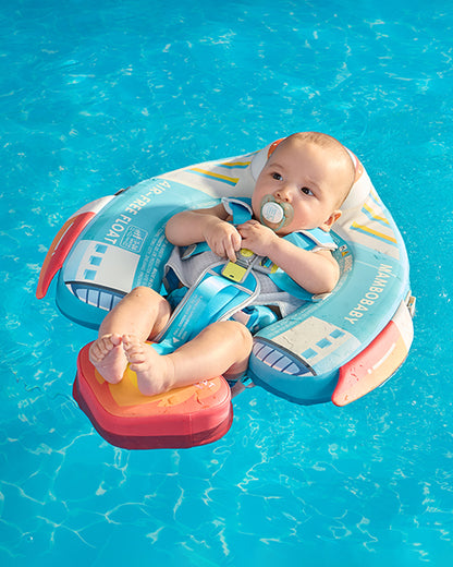Mambobaby Chest Float Swimming Tube-Air Free Foam Design with 5 Point Safety Harness & 3 Swim Modes, UPF 50+ Detachable 3D Canopy-Upto 18 kg Baby Weight-Rocketship-Blue