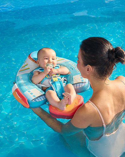 Mambobaby Chest Float Swimming Tube-Air Free Foam Design with 5 Point Safety Harness & 3 Swim Modes, UPF 50+ Detachable 3D Canopy-Upto 18 kg Baby Weight-Rocketship-Blue
