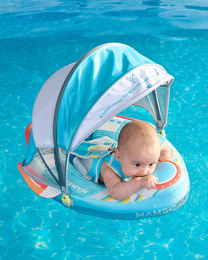 Mambobaby Chest Float Swimming Tube-Air Free Foam Design with 5 Point Safety Harness & 3 Swim Modes, UPF 50+ Detachable 3D Canopy-Upto 18 kg Baby Weight-Rocketship-Blue