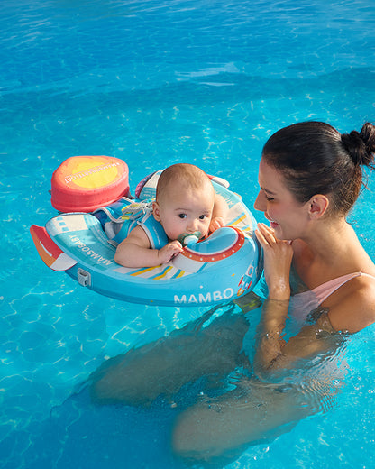 Mambobaby Chest Float Swimming Tube-Air Free Foam Design with 5 Point Safety Harness & 3 Swim Modes, UPF 50+ Detachable 3D Canopy-Upto 18 kg Baby Weight-Rocketship-Blue